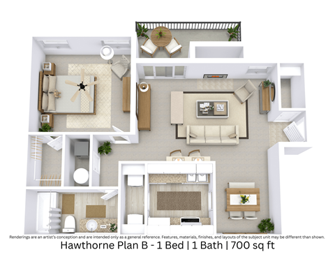 Floor plan for 1 bed, 1 bath, 700 sqft